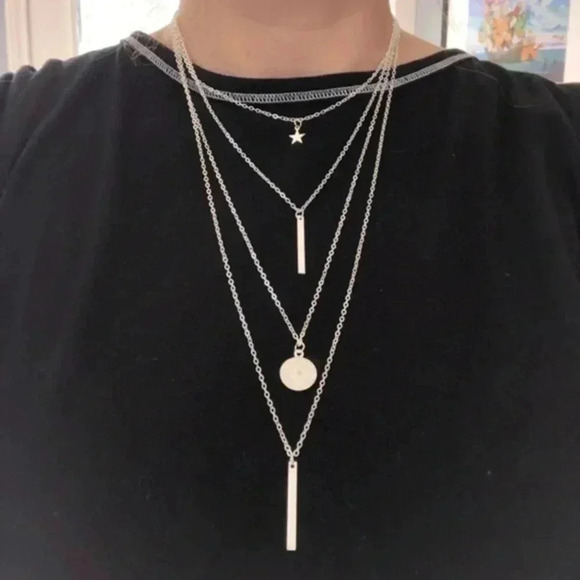 4 Layer Chain Simple Circle Bars Star Silver Fashion Statement Long Necklace NWT - Picture 1 of 4